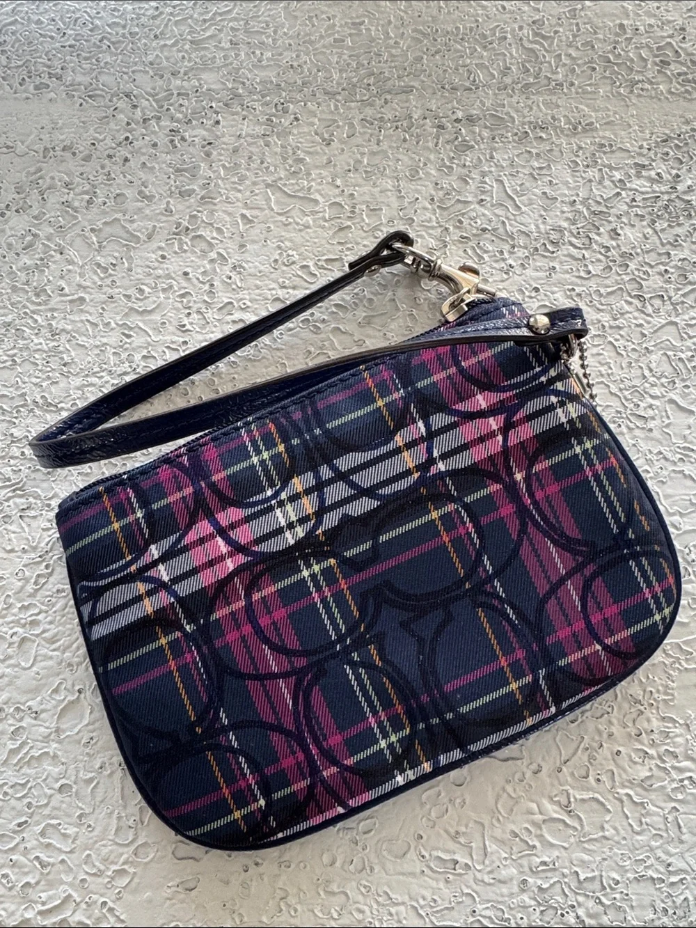 Coach Poppy Navy Plaid Wristlet with Glitter C